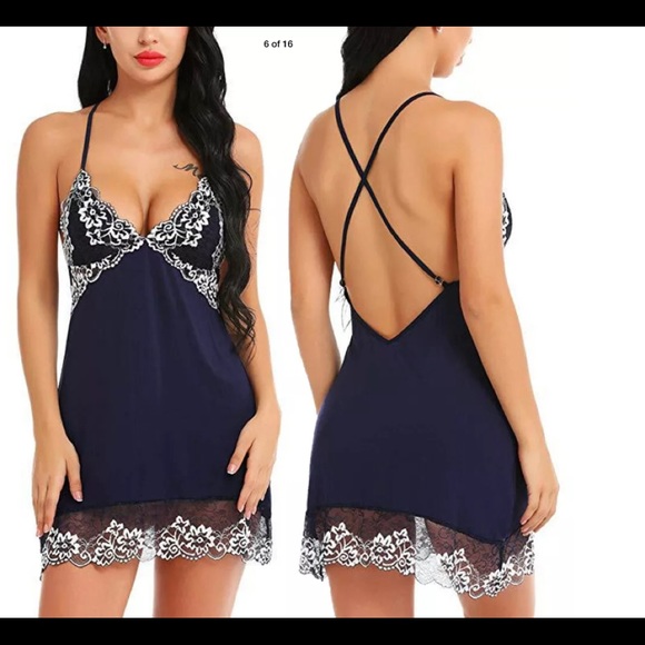 Dark Blue Sexy Open Back Lace Lingerie Nightdress - Picture 2 of 4